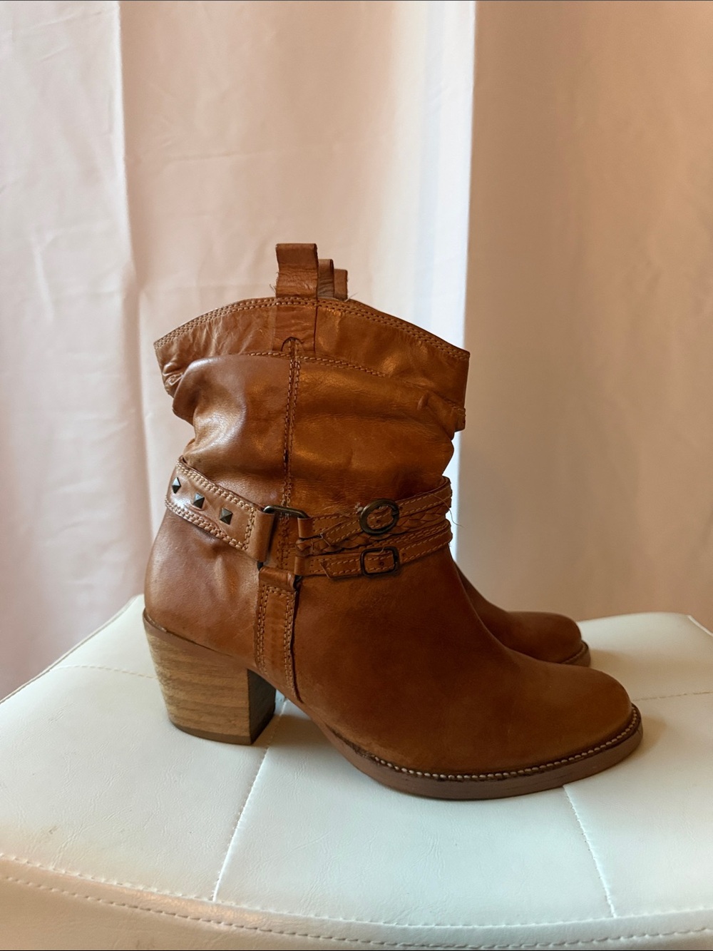 Women's Steve Madden Western Brown Leather Booties with Low Block Heel Sz 9.5